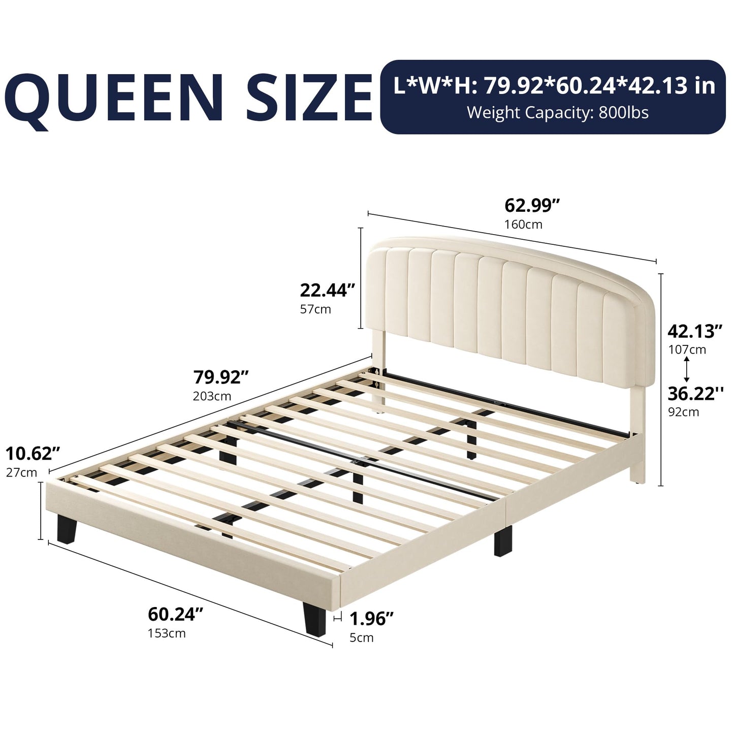 Cozy Castle Queen Bed Frame, Upholstered Platform Bed with Velvet Adjustable Curved Headboard, Mattress Foundation with Strong Wooden Slats, No Box Spring Needed, Easy Assembly, Cream