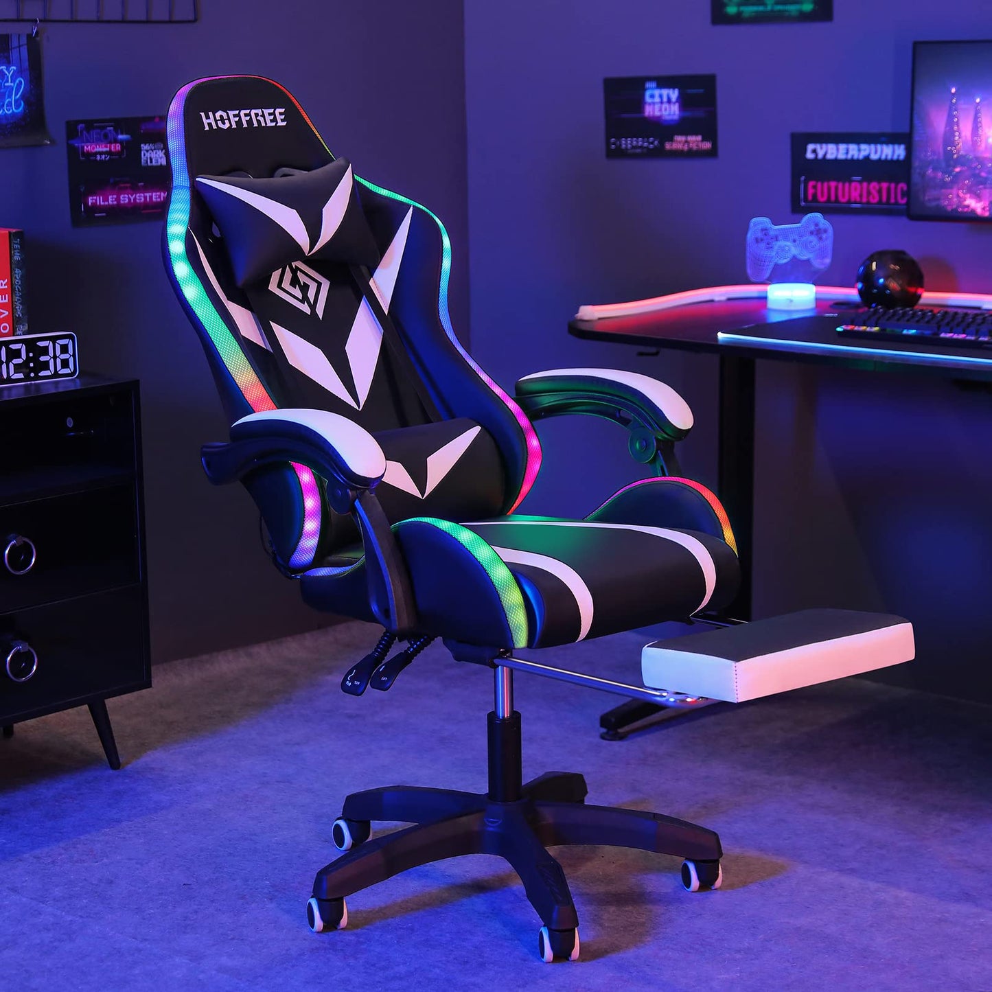 RGB Gaming Chair with Massage and LED Lights Ergonomic Computer Chair with Footrest Reclining High Back Video Game Chair for Adults with Adjustable Lumbar Support White and Black