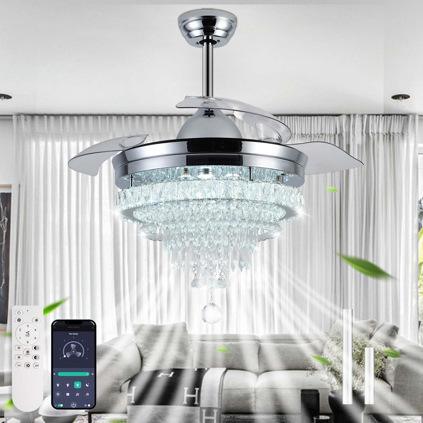 LEONTYNE 42" Modern Crystal Chandelier Ceiling Fan with Light & Remote,Dimmable LED Fandelier for Bedroom Living Room,3 Color Temperatures,6 Speeds,Retractable Blades,Timing & Memory Function