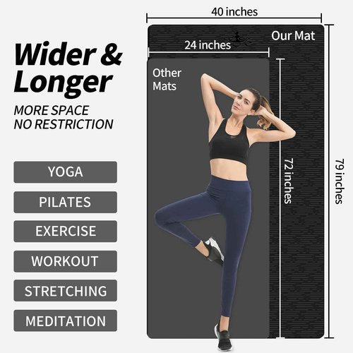 Hatha Yoga Extra Long TPE Yoga Mat 79" x 40” x 1/2" Thick Non-slip Exercise Mat for Home Gym Use, Yoga, Pilates, Fitness & Workouts (Black)