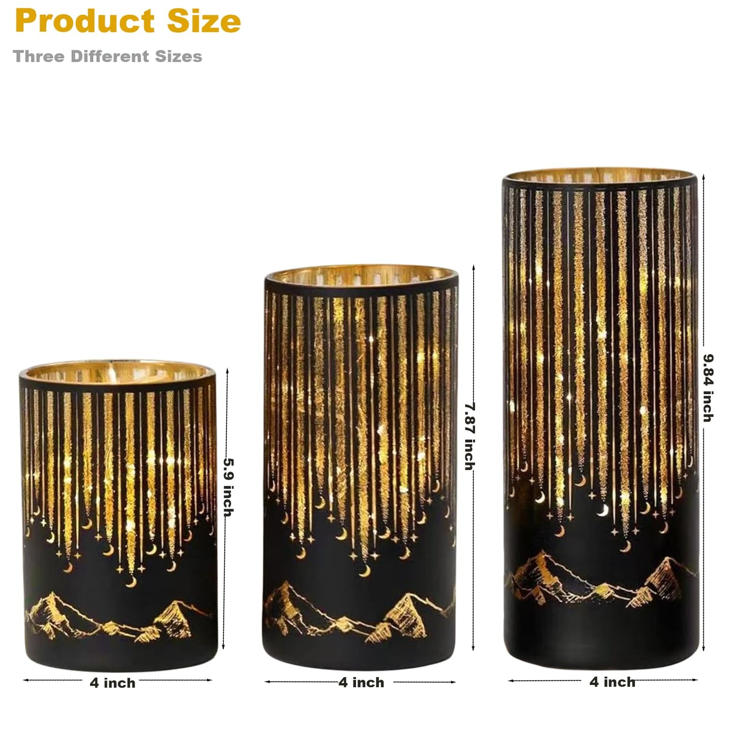 Ashroder Set of 3 Illuminated Starry Night Hurricanes with Remote Timer, Glass Votive Pillar Candle Holders, Removable LED String Lights Candles for Centerpiece Table Halloween Christmas Decor(Black)
