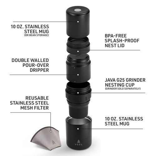 VSSL - Nest Pour Over Coffee Kit | Coffee Maker for Camping | All-In-One Travel Pour Over | Transportable Dripper, Two 10oz Stainless Steel Travel Mugs | Compact Storage & Adventure Ready | Black