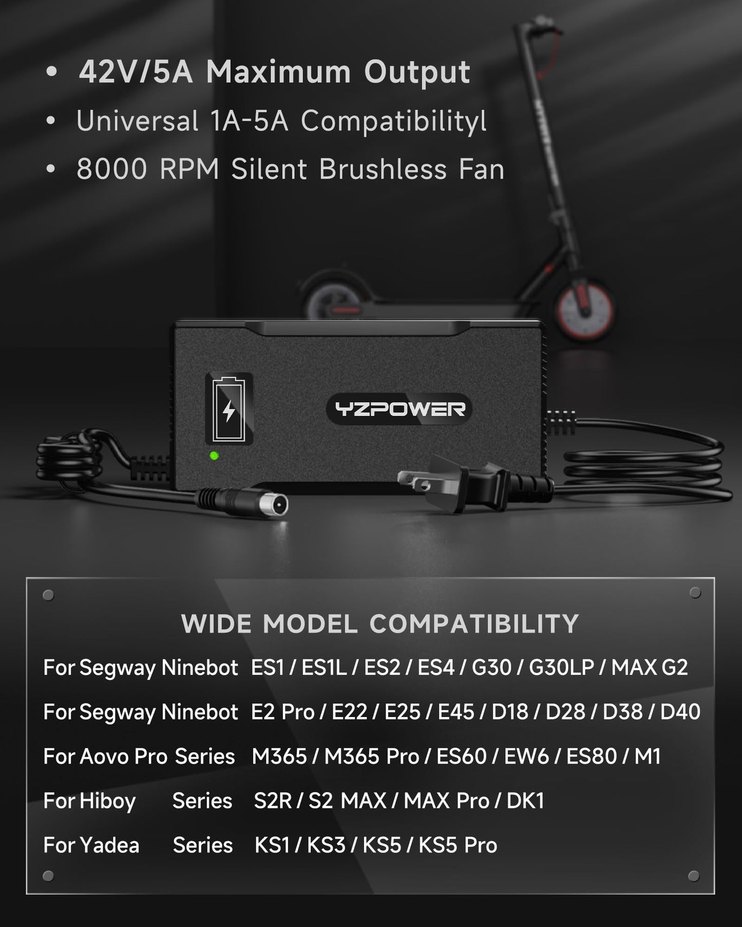 42V 5A Fast Charger for Segway Ninebot MAX G30LP/G30P/ES1/ES2/ES4 & Xiaomi M365 - Compatible with F25/F30/F40, Spin, Skip, Bird, Lime Scooters 36V Li-ion Battery, 8mm Connector