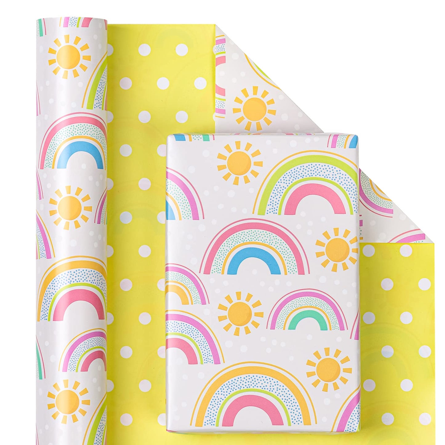 WRAPAHOLIC Jumbo Reversible Baby Shower Wrapping Paper - 30 Inch x 33 Feet - Rainbows and Polka Dot Design for Neutral Baby Shower, Boys Girls Kids Birthday