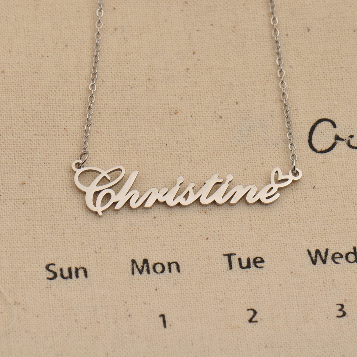 HUAN XUN Sabrina Name Necklace with Heart Silver Stainless Steel Initial Pendant Gifts Custom Name Necklaces for Women