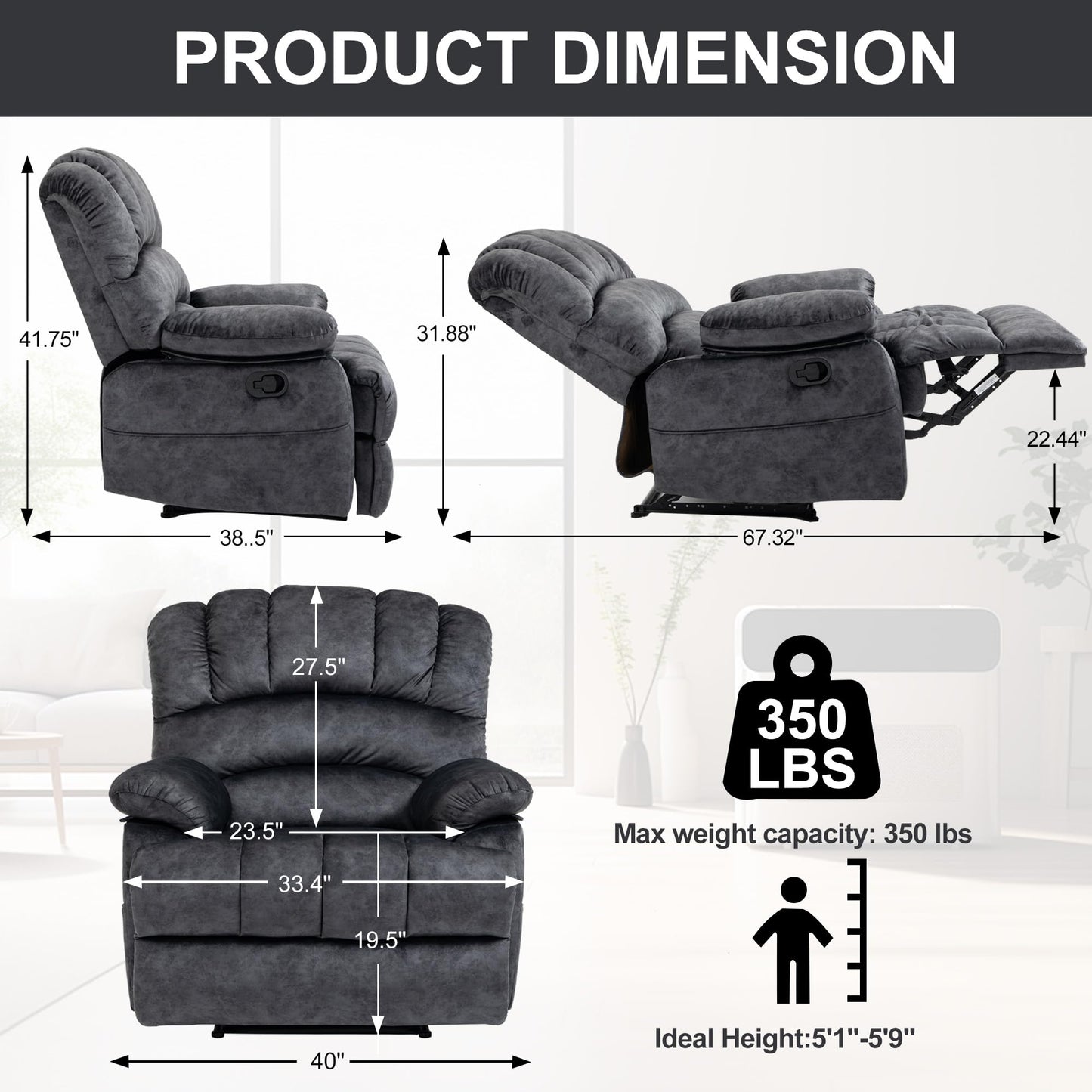 ZJTFNOU Oversized Recliner Chairs for Adults,Manual Adjustable Recliner Chair with Overstuffed Backrest with Lumbar Support, Reclining Chair Single Seat Sofa for Living Room, Bedroom