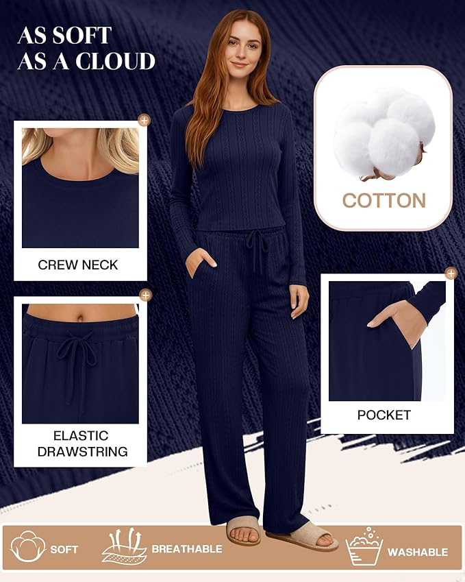 Evervibe Women's 2 Piece Lounge Set Long Sleeve Crew Neck Top Drawstring Wide Leg Pants Casual Tracksuit Matching Set