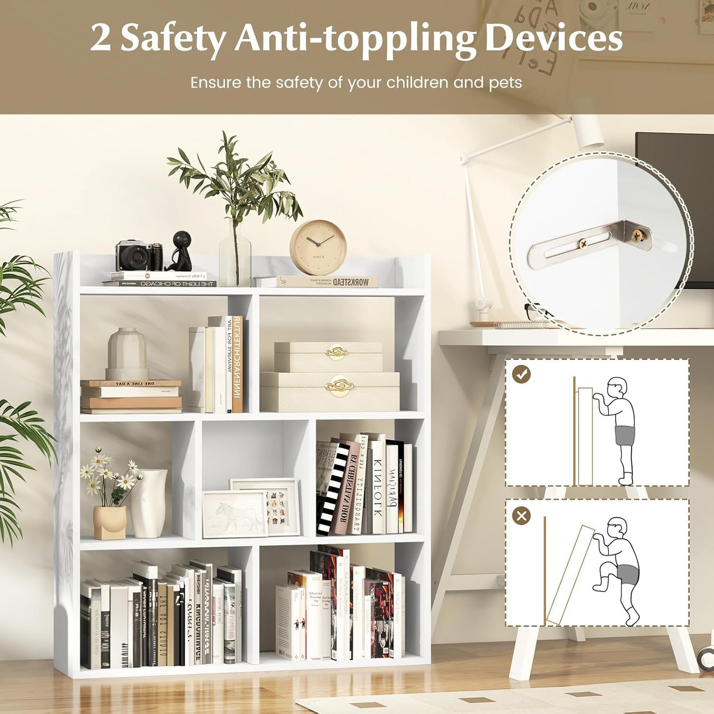 Giantex 7 Cube Bookshelf, Free-Standing Wooden Bookcase, 4 Tier Home Display Shelf, Horizontal Storage Unit w/Anti-Toppling Devices, Open-Back Display Rack for Study, Bedroom, Living Room, White