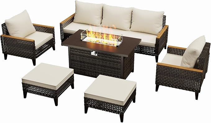 Xmkmvk 8 Piece Patio Sectional Sofa Set with 50000 BTU Fire Pit Table, All-Weather Wicker Rattan Outdoor Conversation Set, High Back, for Garden, Porch, Poolside, Beige