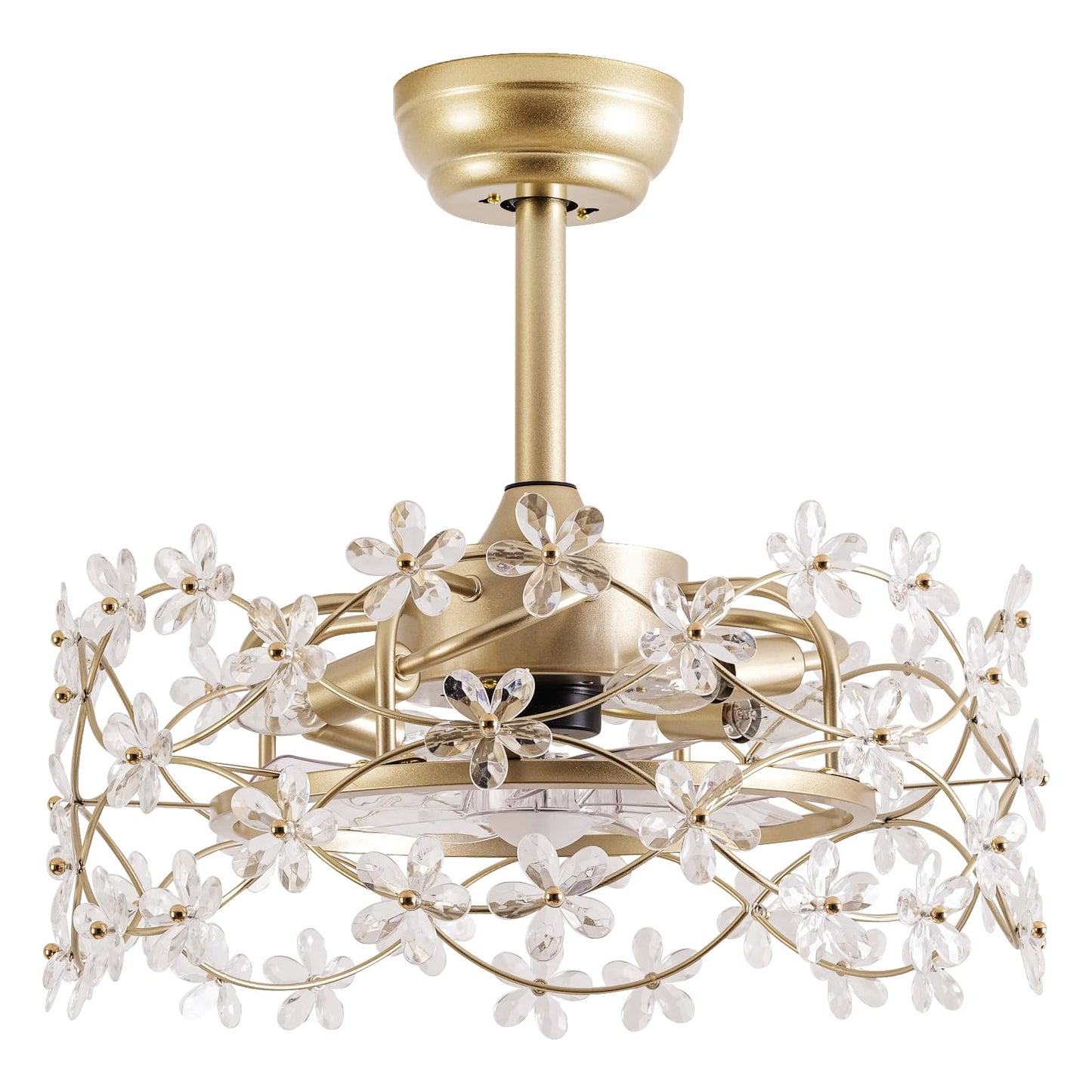 CELAVIEIOP 20" Gold Fandelier Ceiling Fan with Light, Flower Crystal Chandelier Ceiling Fan with Light and Remote Control, Modern Caged Enclosed 6 Speeds for Girl's Bedroom, Nursery, Living Room