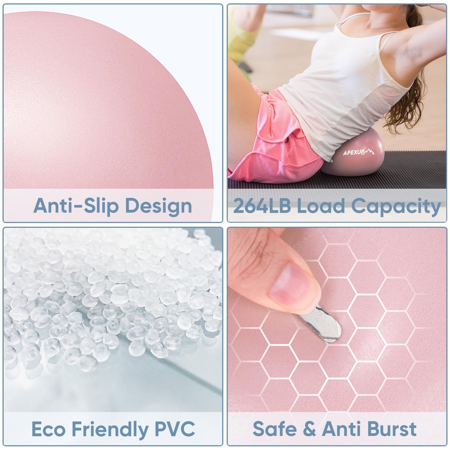 APEXUP Yoga Ball Exercise Ball, Heavy Duty Pilates Ball for Fitness, Balance, Core Workout, Physical Therapy (XXS (9") 23cm, Pink)