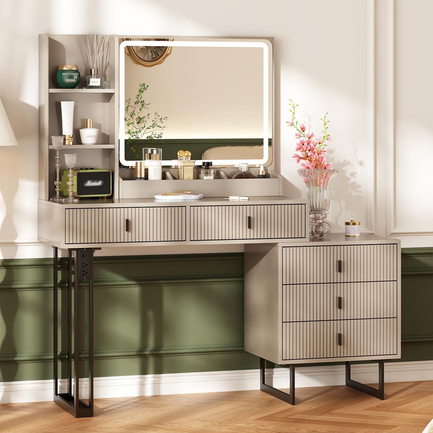 Ieejdn Large Vanity Desk with 3 Color Touch Screen Dimming Mirror, Vanity Desk with Charging Station, Modern Retractable Makeup Dressing Table, Makeup Table with Storage Shelves and 5 Sliding Drawers