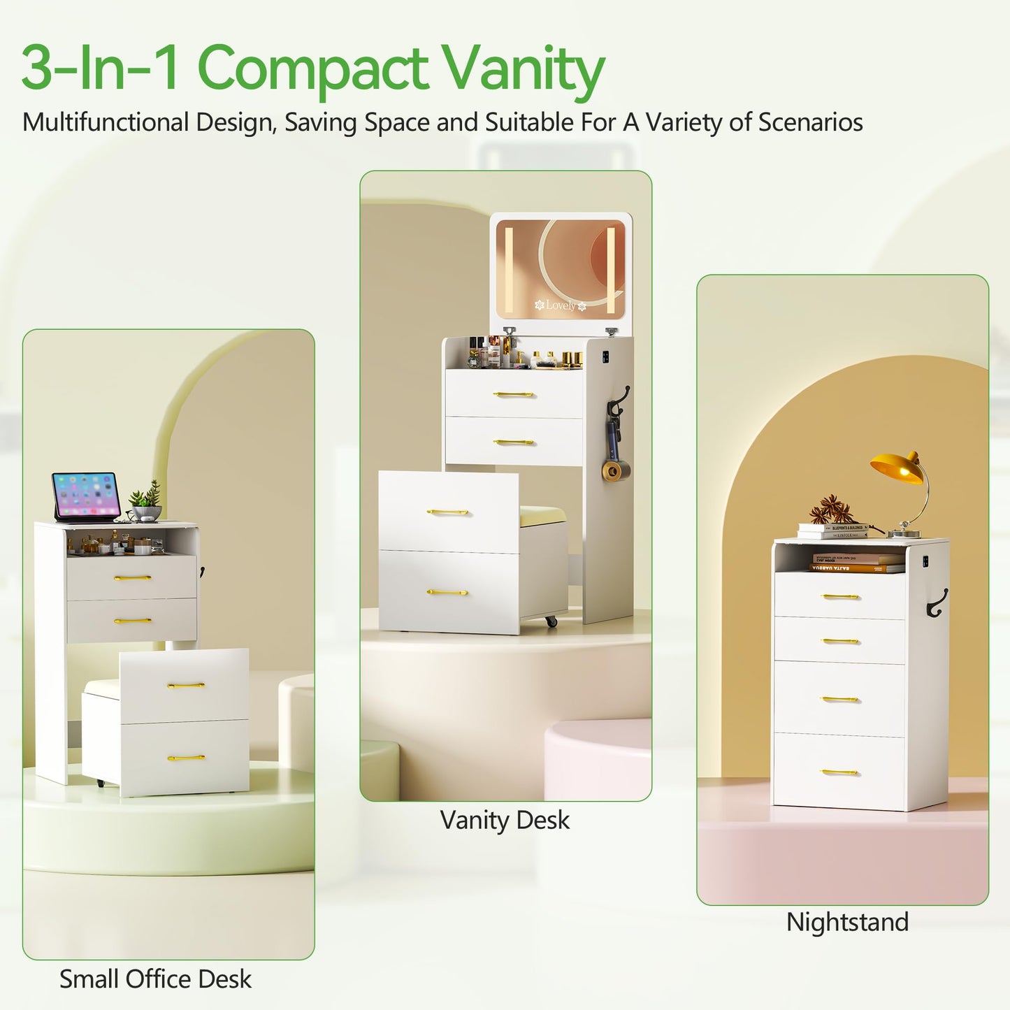 HNEBC 3 in 1 Vanity Desk with Plip Top LED Mirror,Small Dressing Table Set with Visible Glass Desktop,Compact Vanity with 3 Drawers,Storage Compartment and Padded Stool,for Bedroom(White)