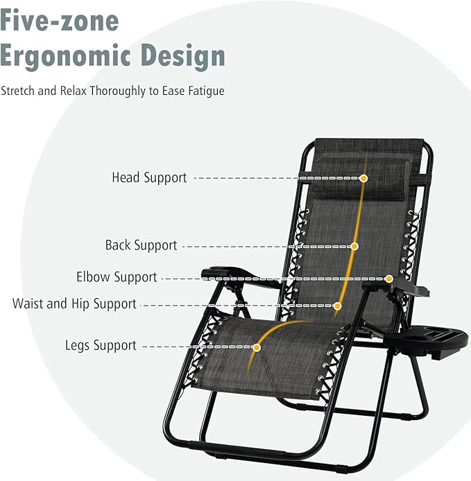Tangkula Set of 2 Zero Gravity Chair, Folding Patio Lounge Chair Adjustable Outdoor Recliner with Cup Holder, Wide Armrest for Patio Garden Poolside Outdoor Yard Beach, Support 350 lbs (2, Grey)