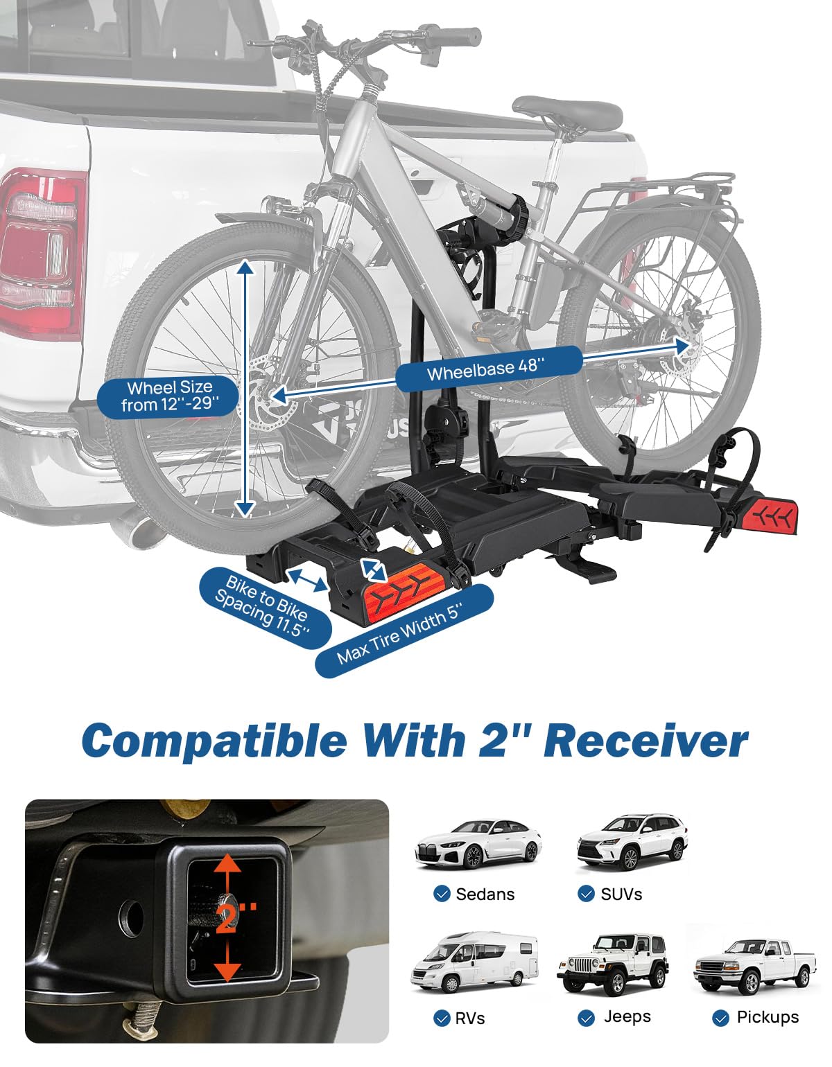 JOYTUTUS Hitch EBike Rack with Ramp for 2 E-Bikes, 200 LBS Capacity Electric Bike Rack for Cars SUVs Trucks, Easy Tilting Foldable Bike Carrier Platform Mount for 2" Receiver, Fits up to 5" Fat Tire