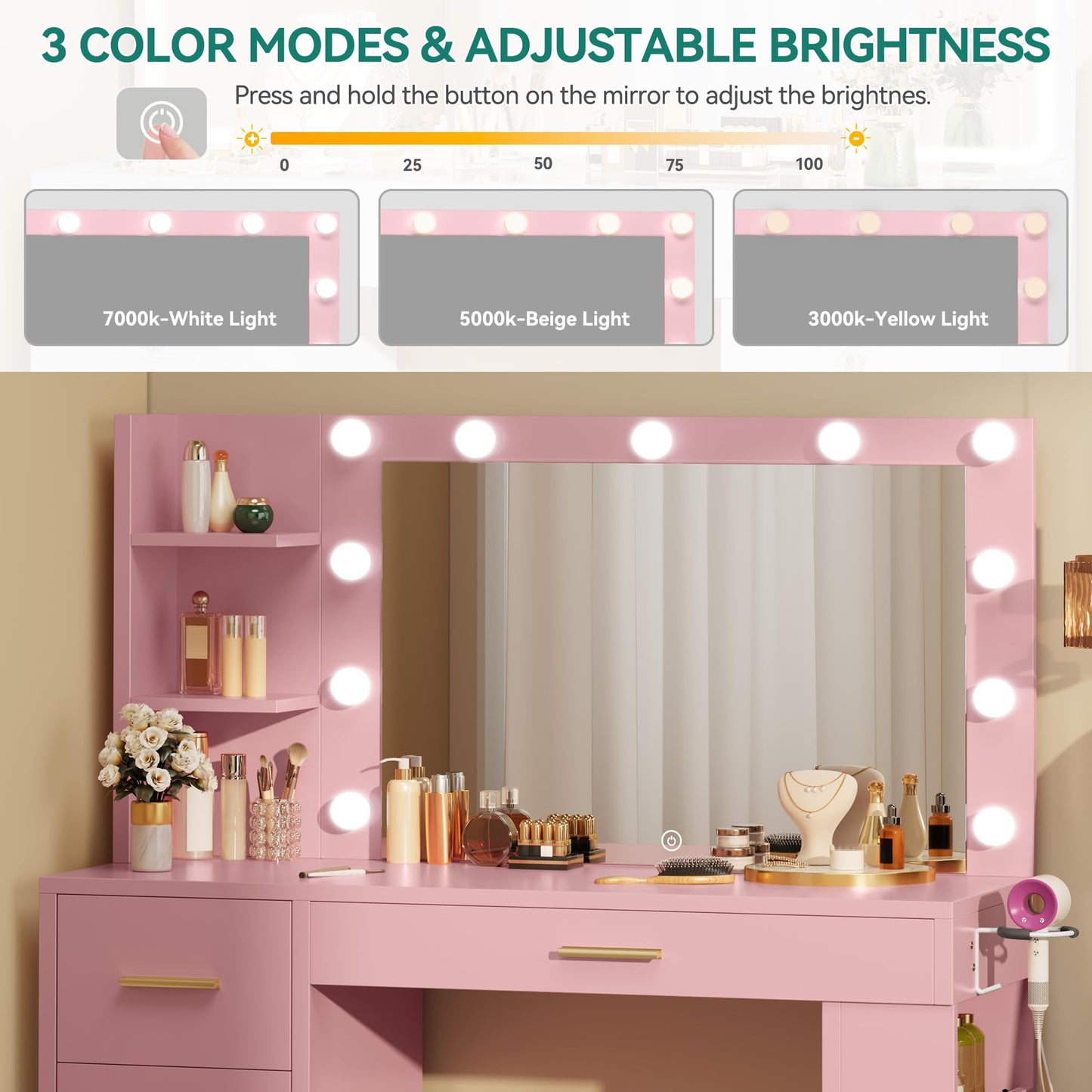 YITAHOME Vanity Desk with Mirror & Lights, Makeup Vanity Table Set with Power Outlet, 4 Drawers, 6 Open Shelves Above and 3 Adjustable Shelves Below, 3 Lighting Modes Dressing Table, Pink