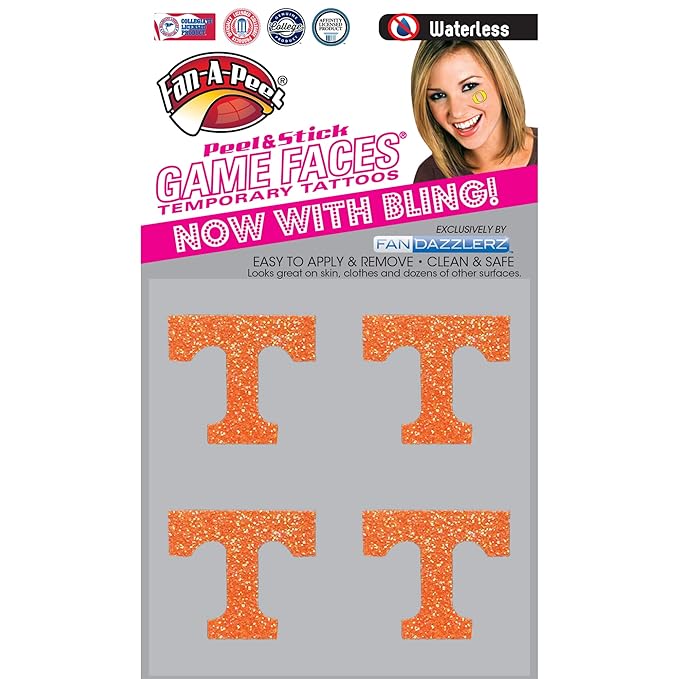Tennessee Vols Power T Waterless Glitter Tattoos, Set of 4