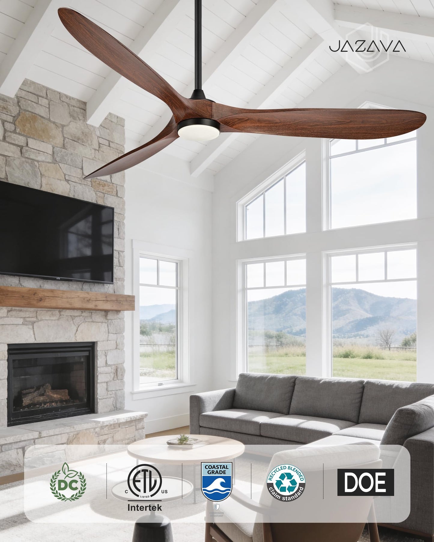 JAZAVA 70 Inch Modern ABS Ceiling Fan with Lights and Remote, DC Motor Large Ceiling Fan, 3CCT Dimmable LED Indoor Outdoor Ceiling Fan for Living Room, Patio & Covered Porch, ZCCF08WD-70