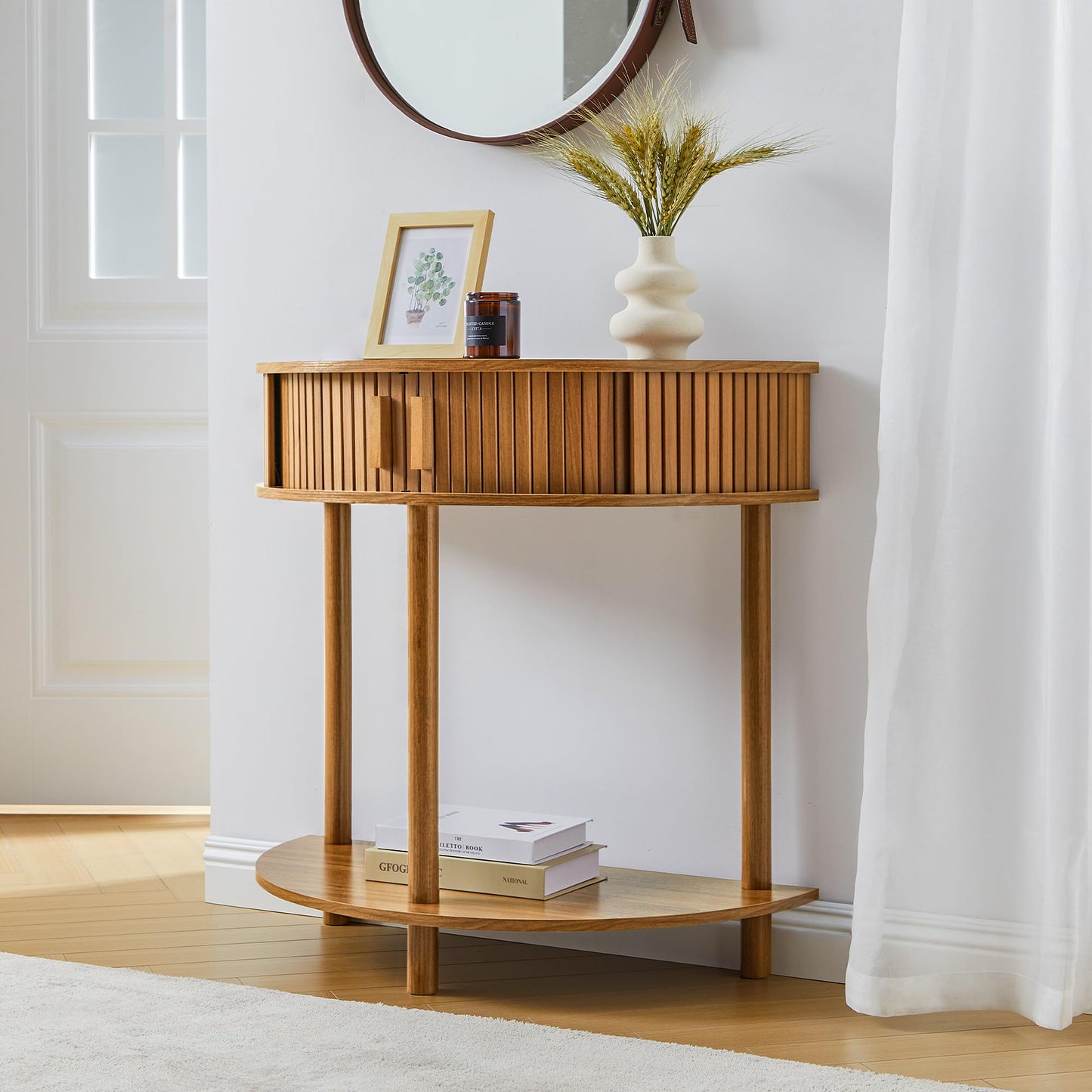 Entryway Table, Half Moon Fluted Console Tables with Storage, Mid Century Modern Small Half Round Sofa Tables for Hallway, Narrow Curved Accent Decor Table for Living Room (Mid-Century Modern, Walnut)