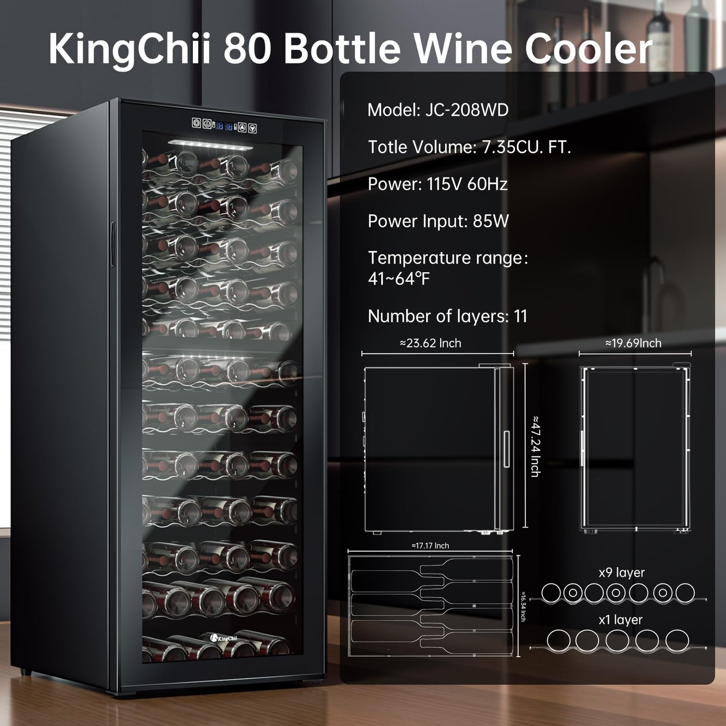 KingChii 80 Bottle Wine Cooler Refrigerator - Dual Zone Wine Fridge with Intelligent Digital Control, Low Noise Operation, Freestanding Wine Refrigerator for Home and Kitchen