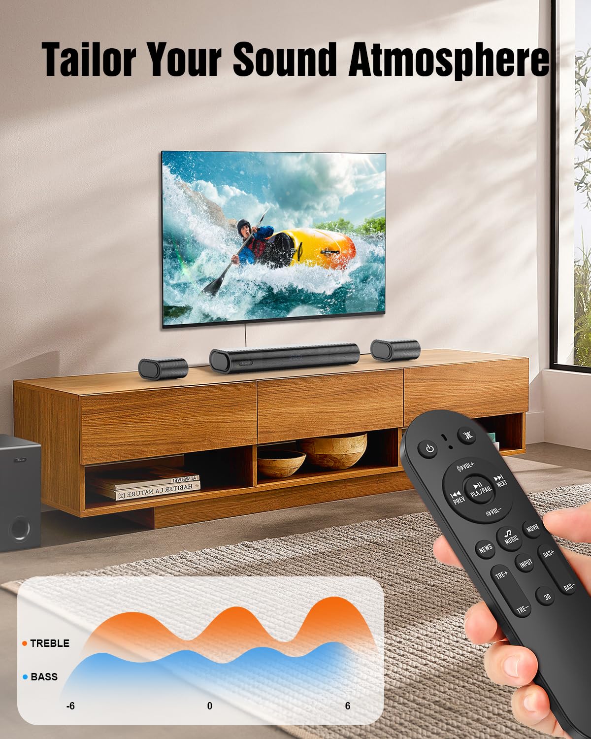Hiwill 4.1ch Sound Bar with Dolby Atmos, 300W Sound Bar for Smart TV with Subwoofer, 2 Front Surround Speakers, Soundbar for TV Speaker, Adjustable Bass, Surround Sound System for TV, HiElite A41