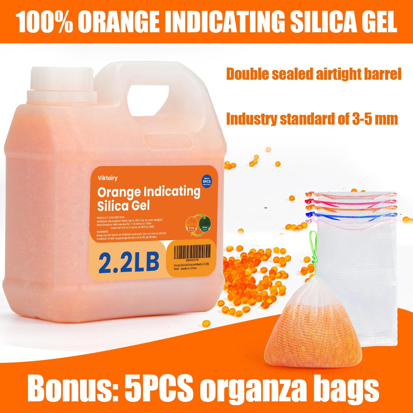 2.2LBS Desiccant Beads, Premium Orange Indicating Reusable Silica Gel Beads Bulk, Industry Standard 3-5 mm Desiccant Dehumidifier for 3D Filament, Electronic Devices, Camera, Safe (5PCS Bags)