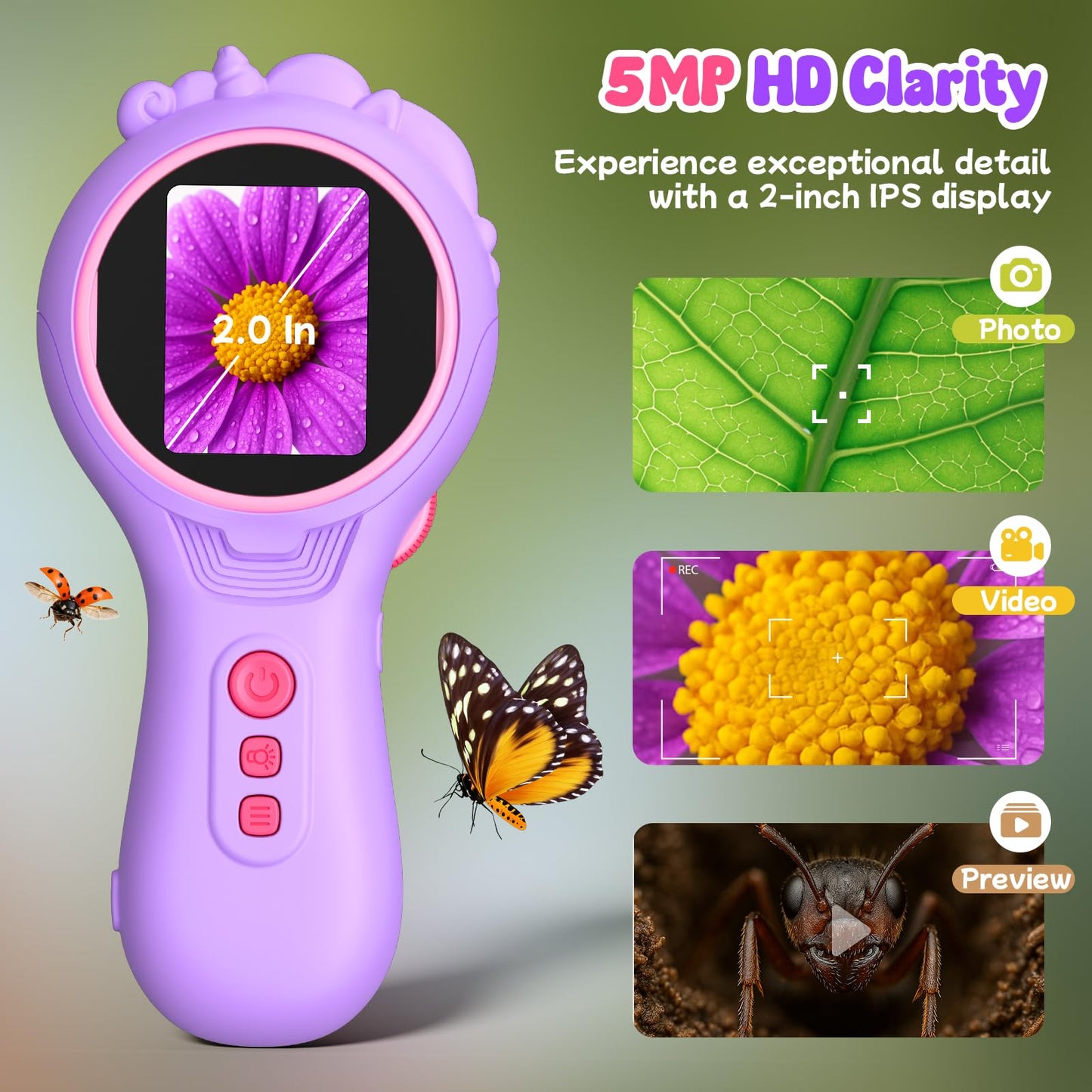 Flooyes Microscope for Kids 5-12, 5MP HD Digital Handheld Microscope with 4X Magnification, Mini Pocket Portable MicroScope Educational Science Toys Birthday Gifts for Age 4 5 6 7 8 9 10 11 Girls