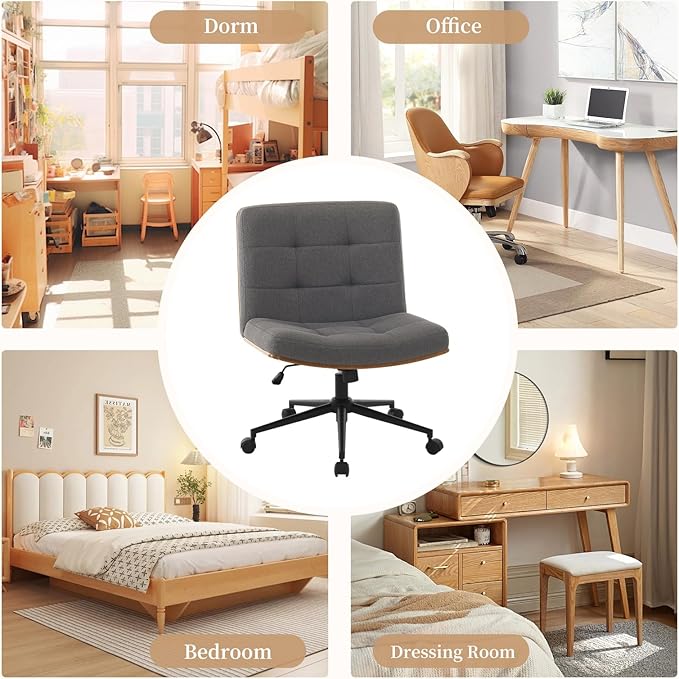 Furnimart FSC Wooden Wide Desk Chair, 360° Swivel Criss Cross Office Chair with Wheels, Comfy Cross Legged Sitting, Armless Height Adjustable Rolling Chair for Bedroom, Office, Vanity (Linen Gray)