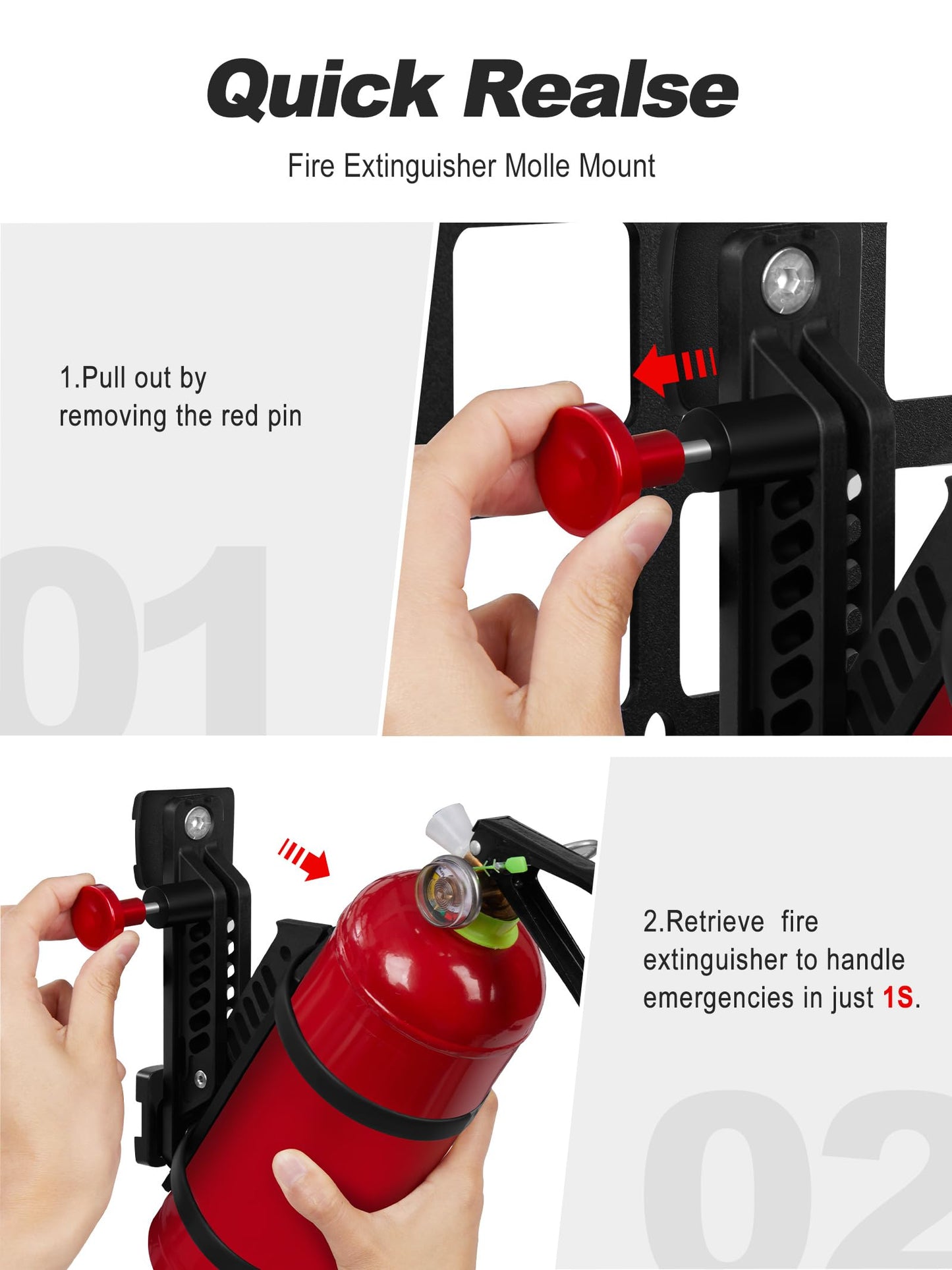 NILKATSS MOLLE Fire Extinguisher Mount Kit - Quick Release Bracket for Tactical Panels, Trucks & Vehicles, Fits 1-2" Slots/Holes - Rigid MOLLE Plate Holder for Fire Extinguisher & Gear Accessories