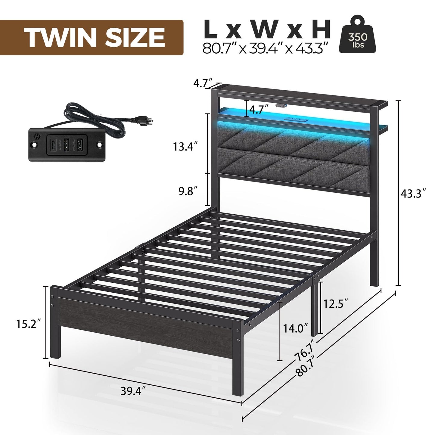 Seventable Bed Frame Twin Size with Charging Station, LED Bed with Upholstered Storage Headboard, Metal Platform Bed with Under Bed Storage, No Box Spring Needed, Noise Free, Easy Assembly, Grey
