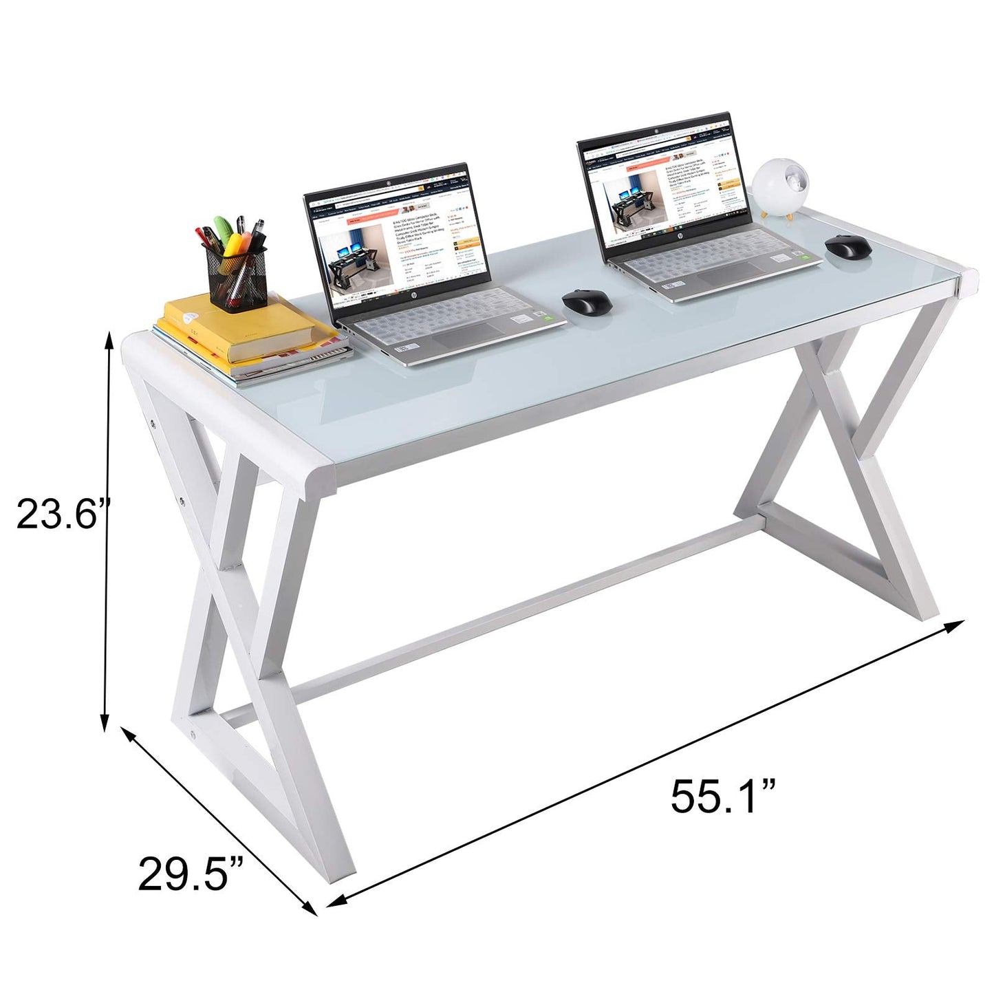 SAMERY Computer Desk & Gaming Desk, Home Office Desks 55.1 Inch- Modern Simple Writing Study White Glass Computer Desk Space-Saving Multipurpose Workstation with Metal Frame…