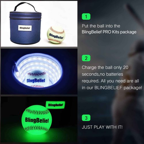 blingbelief Super Bright Glow in The Dark Baseball, LED Charging Light Up Luminous Baseball, Official Size and Weight Baseballs with Carrying Bag-Carrying Bag,Baseballsx3