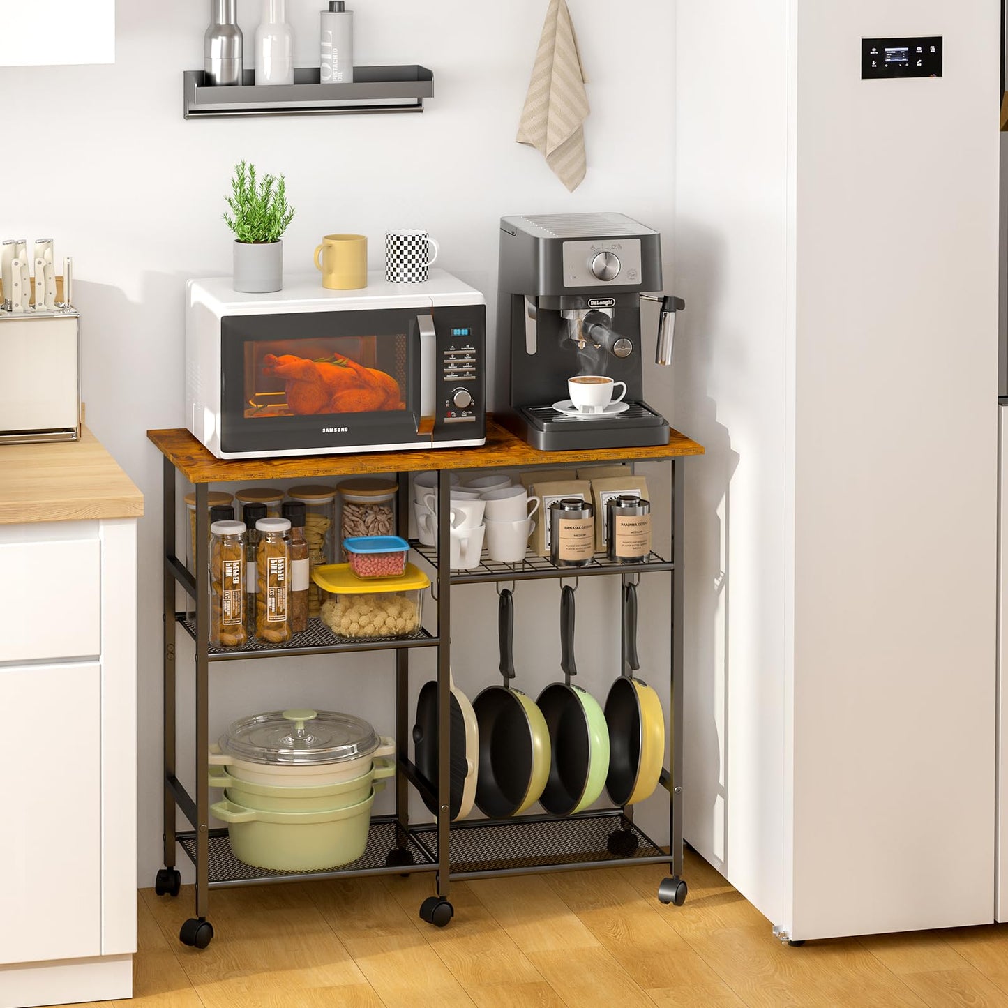ThreeHio Kitchen Microwave Cart, Microwave Stand with Adjustable Shelf, Coffee Bar Stand Kitchen Baker's Rack with Wheels Rolling Storage Cart Organizer Shelf for Living Room, Office, Balcony
