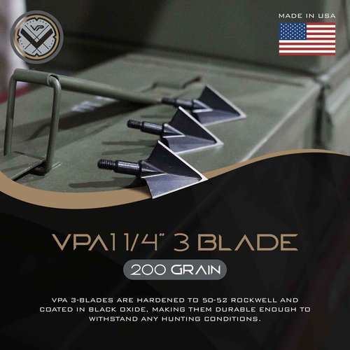 Vantage Point Archery VPA 1 1/4" 3 Blade 200 Grain 3-Blade Broadhead, Screw-in, 1045 Carbon Tool Steel 50-52 Rockwell, 3 Pack, Made in The USA