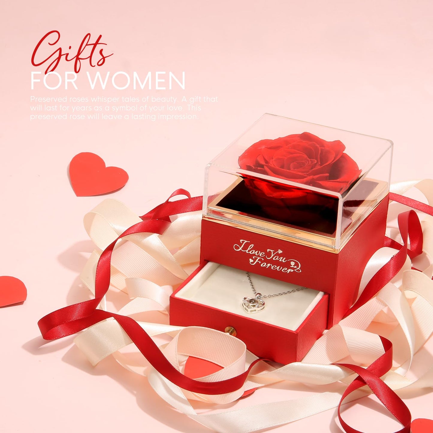 ASELFAD Preserved Flowers Forever Real Rose with I Love You Necklace, Eternal Rose Gifts for Mom Grandma Wife Girlfriend on Christmas, Valentines, Mothers Day, Anniversary, Birthday Gifts for Women