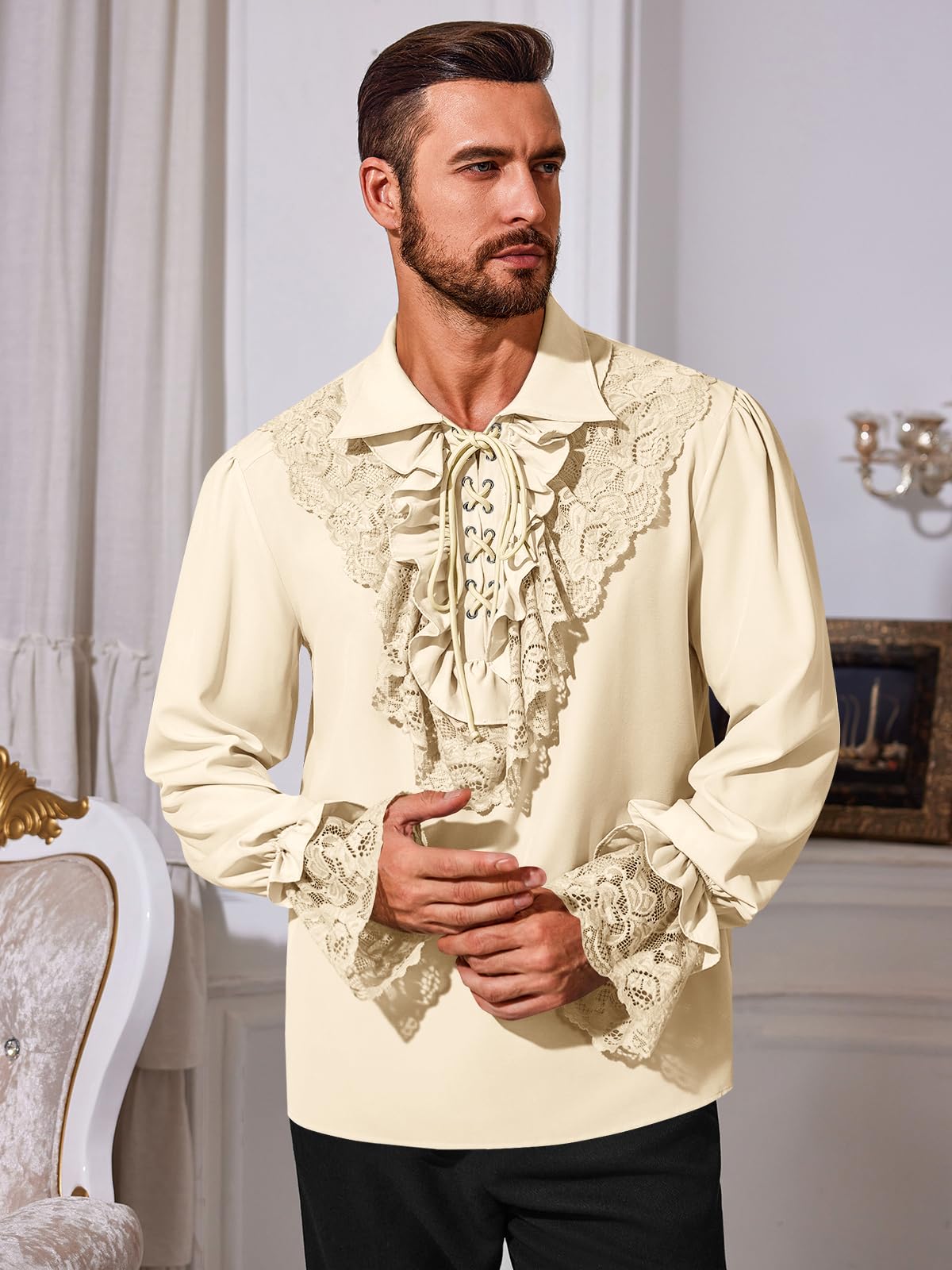 Runcati Mens Pirate Shirt Ruffle Renaissance Victorian Vampire Poet Shirts Medieval Steampunk Gothic Lace Costume