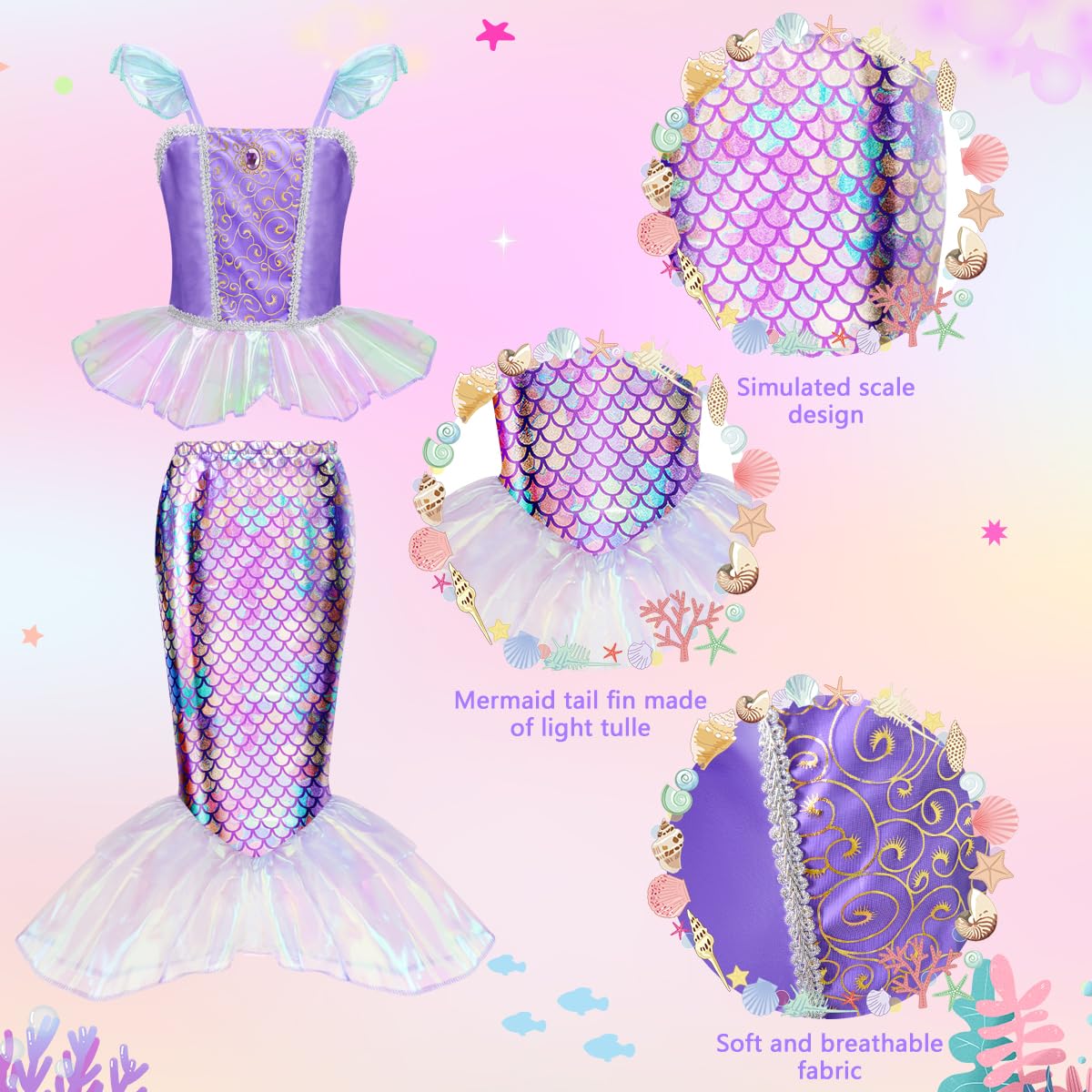 Meland Princess Dress Up for Girls - Mermaid Dress Costumes for Girls with Wig, Girl Mermaid Toys Birthday Gift for Girl 3-8