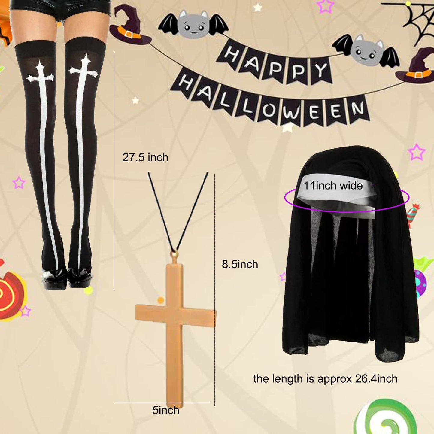 Halloween Nun Costume Accessories for Women, Catholic Nun Costume Hat Gold Cross Pendant Necklace Knee Thigh High Stockings for Halloween Cosplay Party