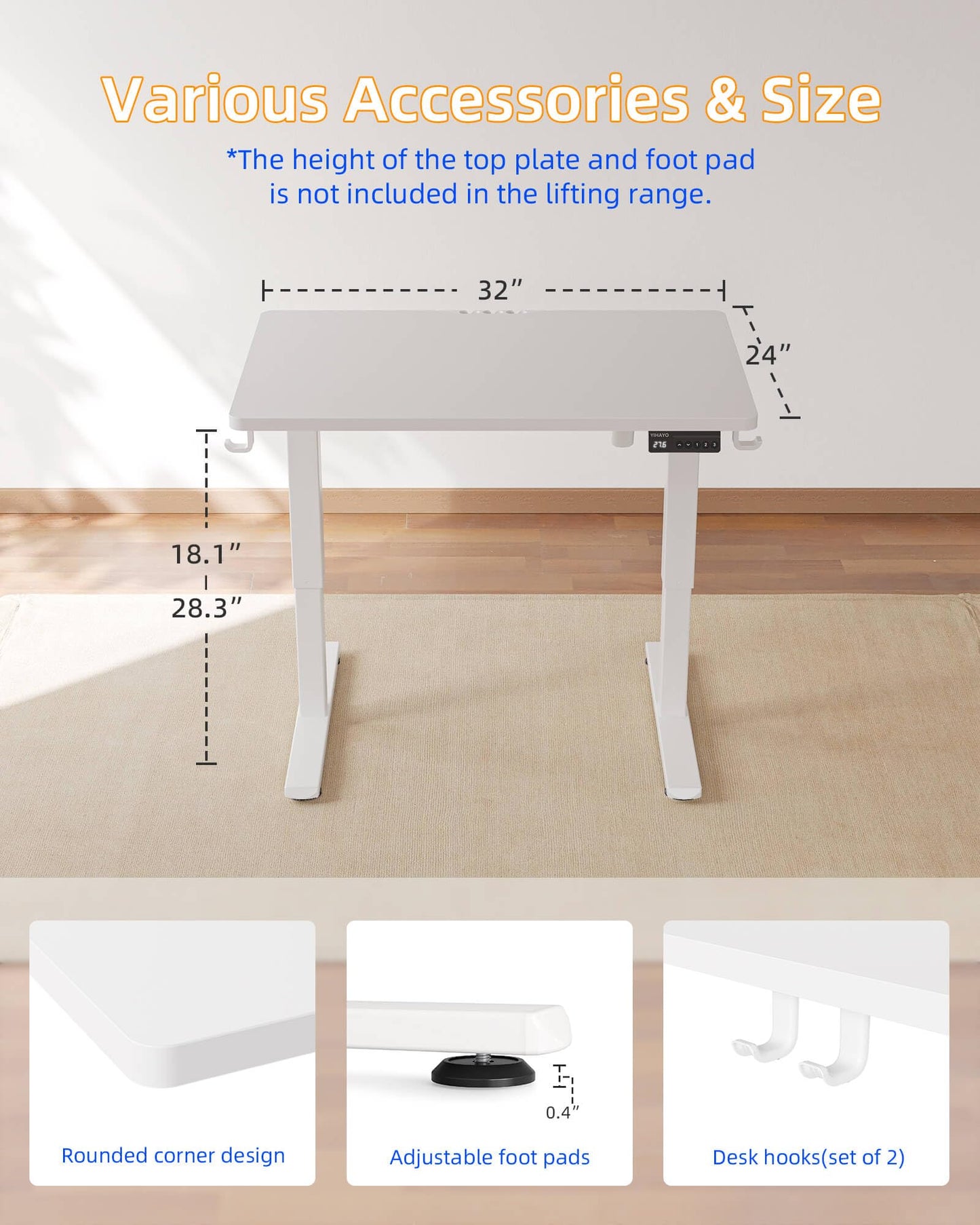 YIHAYO One-Piece Low Height Adjustable Desk, Lifts 18.1-28.3 Inches, Electric Standing Desk for Short People, 32 x 24 Inches Computer Table with Splice Board for Home Office, White