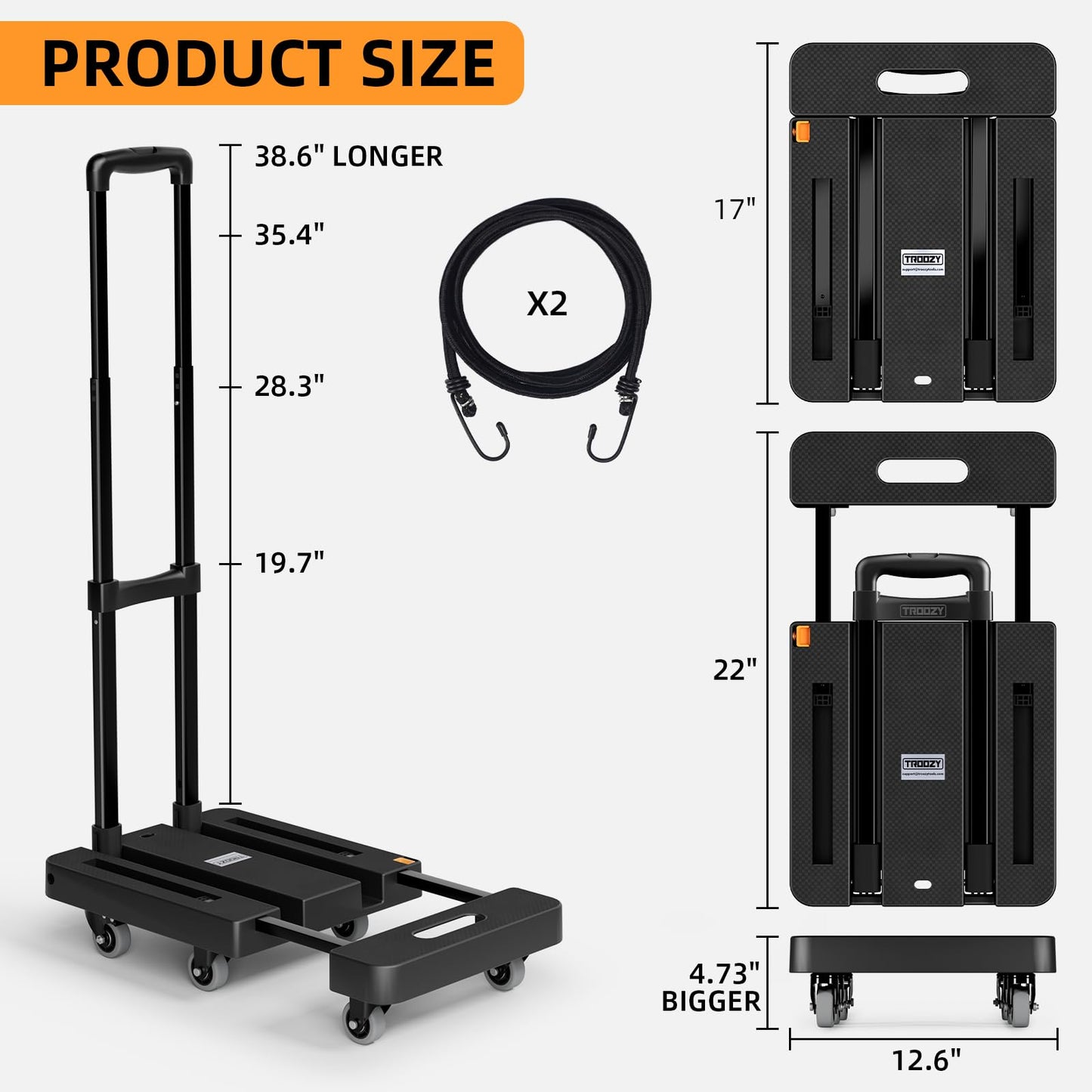 TROOZY Folding Hand Truck, 500 LB Heavy Duty Luggage Cart, Utility Dolly Platform Cart with 6 Wheels & 2 Elastic Ropes for Luggage, Travel, Moving, Shopping, Office Use, Black