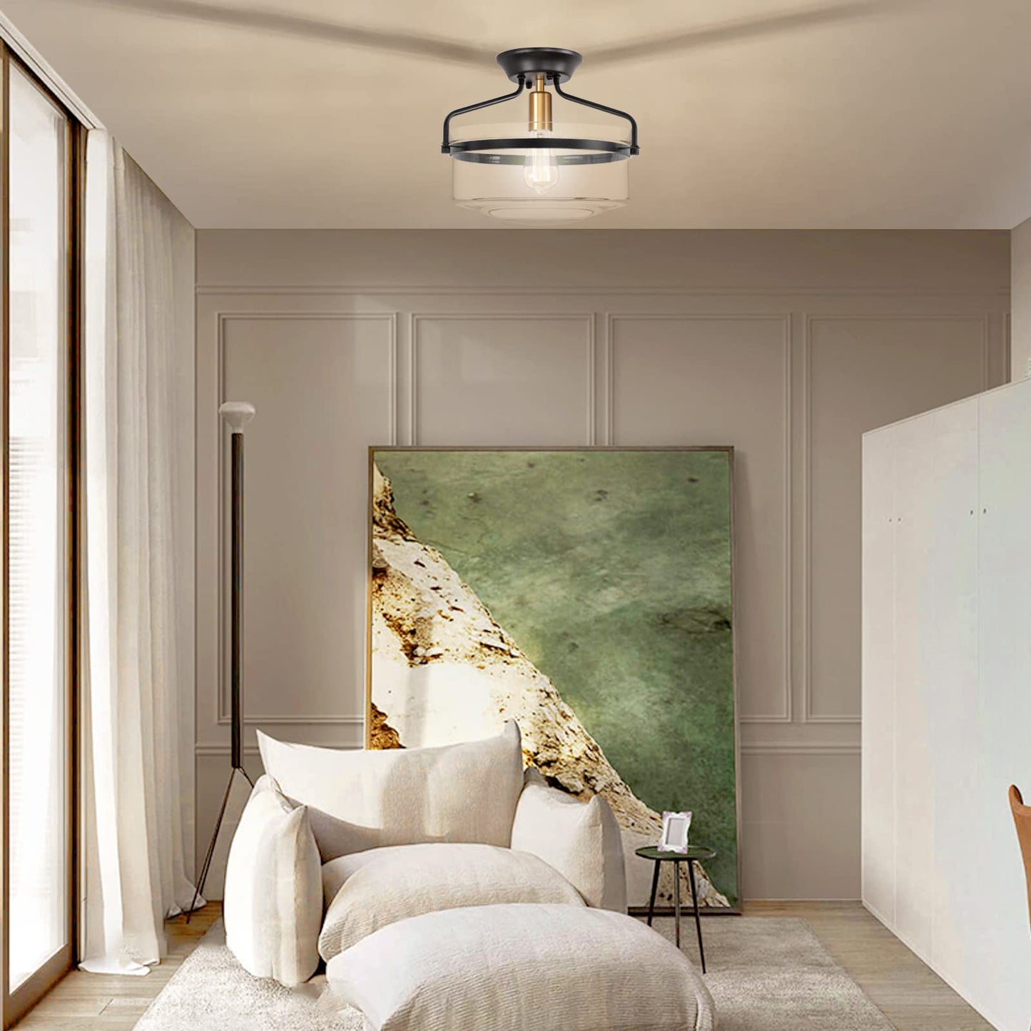 Ledsyonda Semi Flush Mount Ceiling Light, 14.2" Farmhouse Fixture, Industrial Black and Gold Finish With Clear Glass for Hallway, Porch, Kitchen