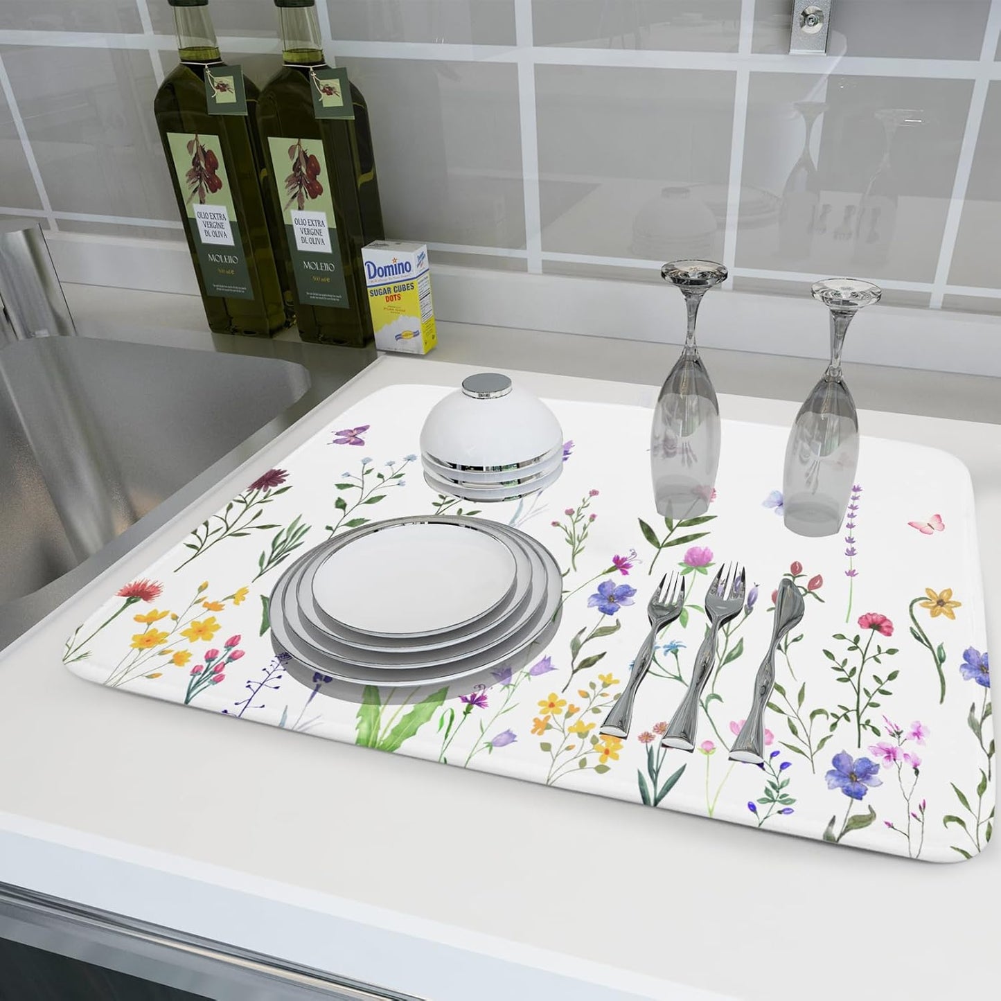 Watercolor Floral Dish Drying Mat for Kitchen Counter 18x24 Inch Spring Summer Wild Flower Butterfly Absorbent Reversible Microfiber Dish Drainer Rack Mats Countertops Protector Mat