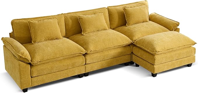 URRED Cloud Couch Modular Sectional Sofa, 122'' Modern L Shaped Deep Seat Sofa with Ottoman & Pillows, Ultra Comfy Chenille Couches for Living Room, Bedroom or Apartment. Yellow
