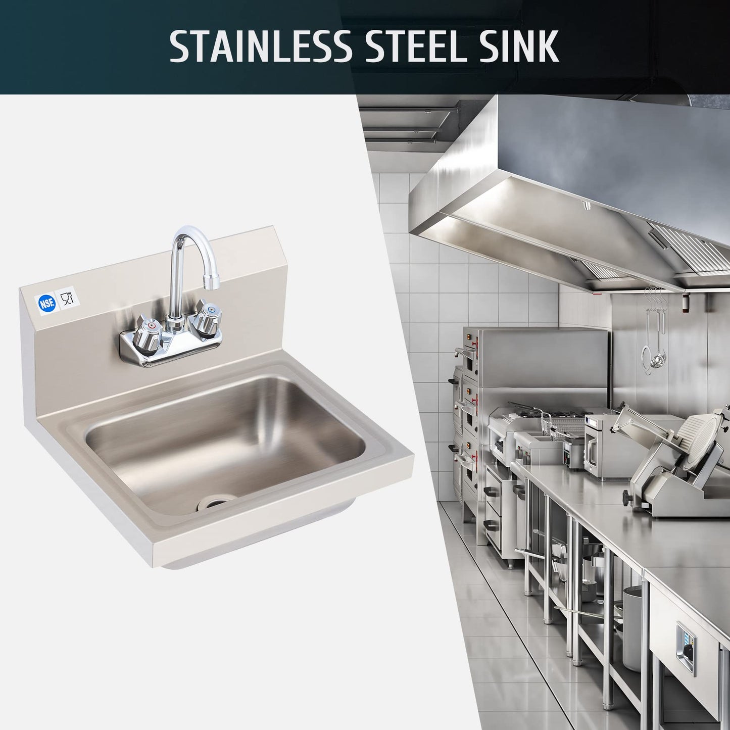 WILPREP Hand Sink Commercial Stainless Steel Sink for Washing, NSF Utility Sink with Gooseneck Faucet, Wall Mount Kitchen Sink for Restaurant Bar RV Bathroom Laundry Room (17 x 15 Inches)