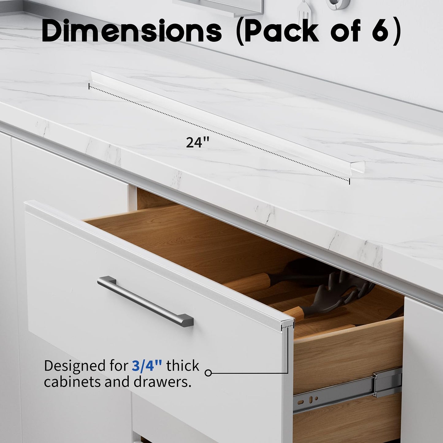 Cabinet Protector Edge Guard (Pack of 6), 24" Clear PVC Cabinet Edge Protectors for 3/4" Thick Kitchen Cabinets Doors – Slip-On No-Tool Sliding Installation