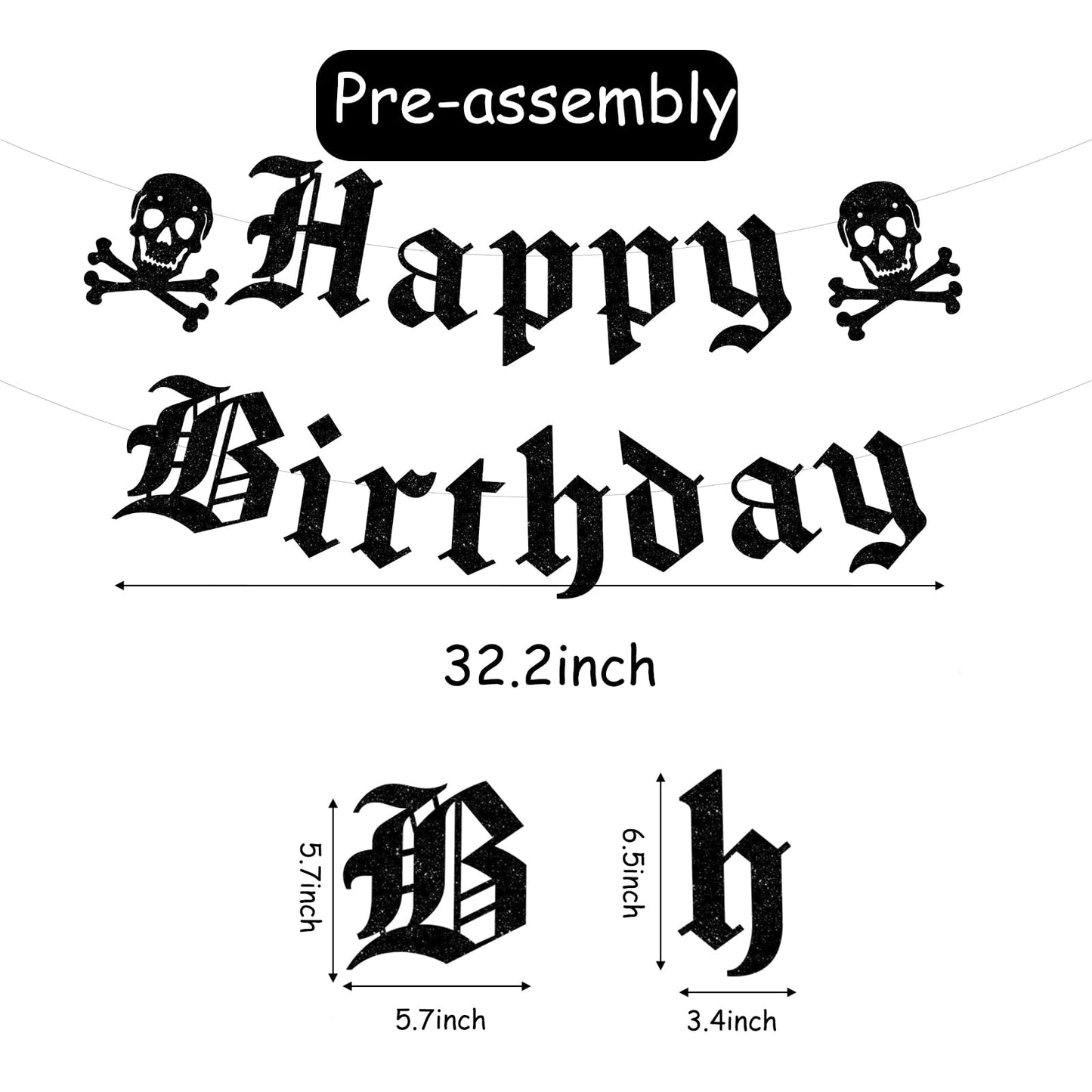 Gothic Happy Birthday Banner Black Glitter Old English Skull Garland Funny Funeral Birthday Banner for Scream Party,20th 30th 40th Birthday,Gothic Birthday Decorations,Halloween Party