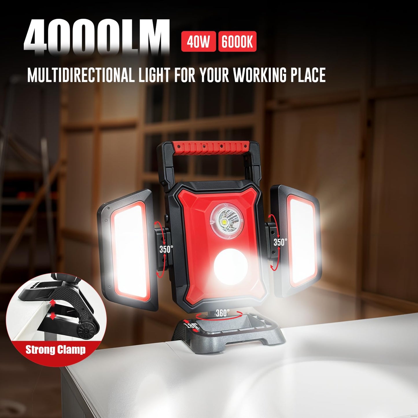 SYLSTAR 40W Rechargeable Work Light, 4000LM Magnetic Work Light, Foldable&360° Rotatable Led WorkLight with Big Clamp, 5 Light Modes, Waterproof Job Site Lighting for Garage Workshop Car Repairing