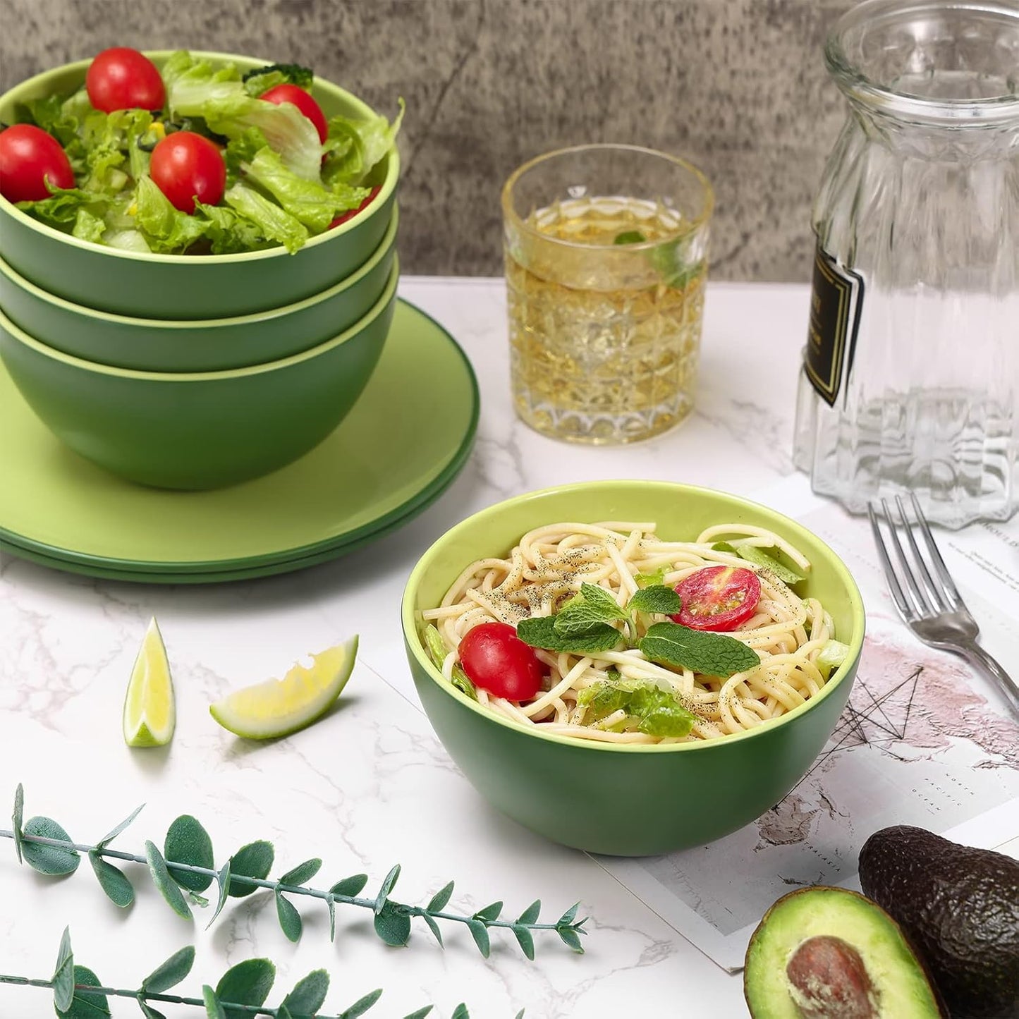 TP 12-Piece Dinnerware Set, Melamine Dishes Set with Bowls and Plates, Non-breakable and Lightweight Dinner Service for 4, Avocado Green
