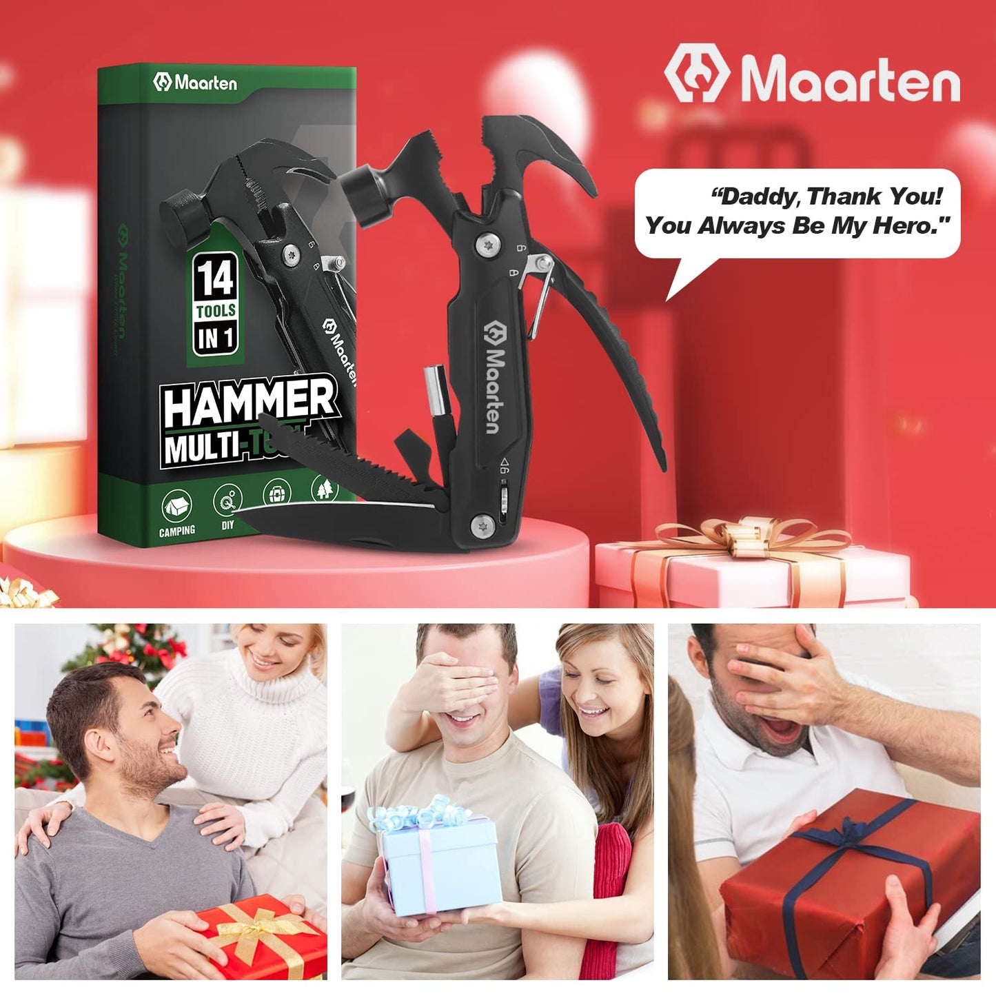 Maarten Stocking Stuffers for Adults Men - Gifts for Dad from Daughter Son - Upgraded 14 in 1 Hammer Multitool with Safety Lock, Screwdriver Set and Durable Sheath - Ideal Birthday Gift for Father