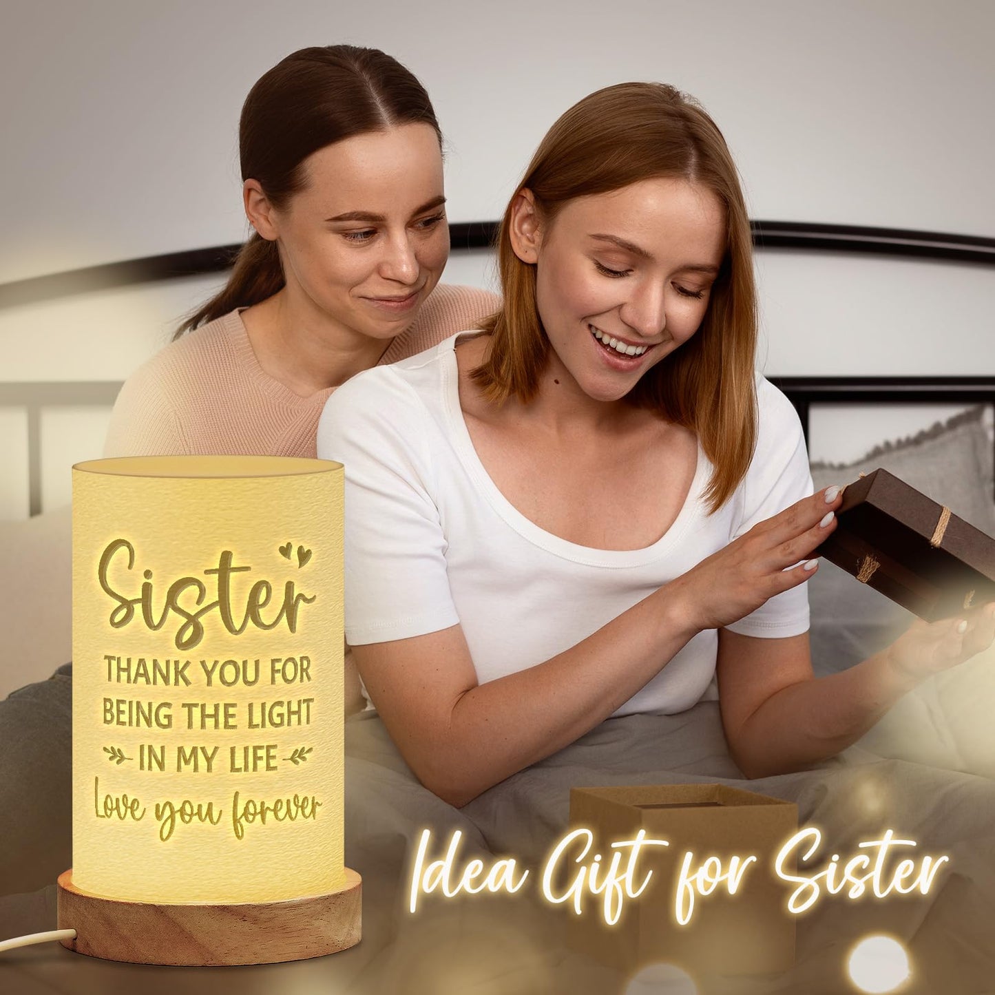 Afterprints Sister Gifts from Sisters, Unique 3D Printed Night Light, Sister Birthday Gifts, Presents for Sisters on Wedding, Graduation, Christmas, Table Lamp with Wooden Base